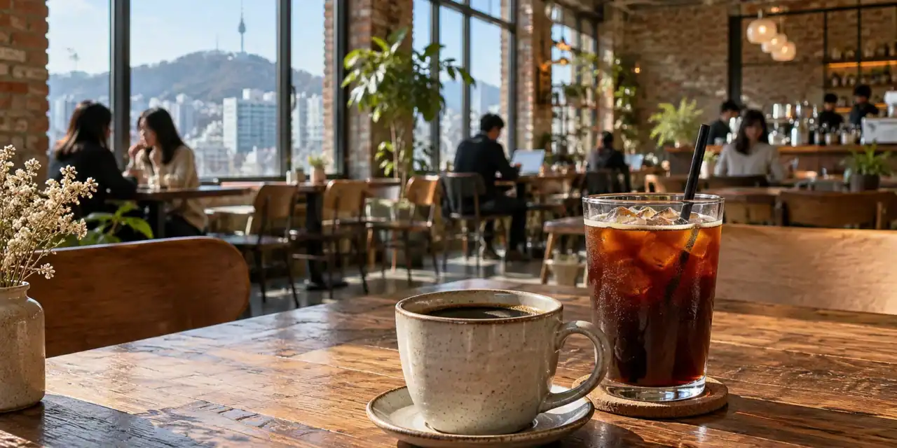 Café de filtro y americano con hielo en una cafetería de estilo industrial en Corea