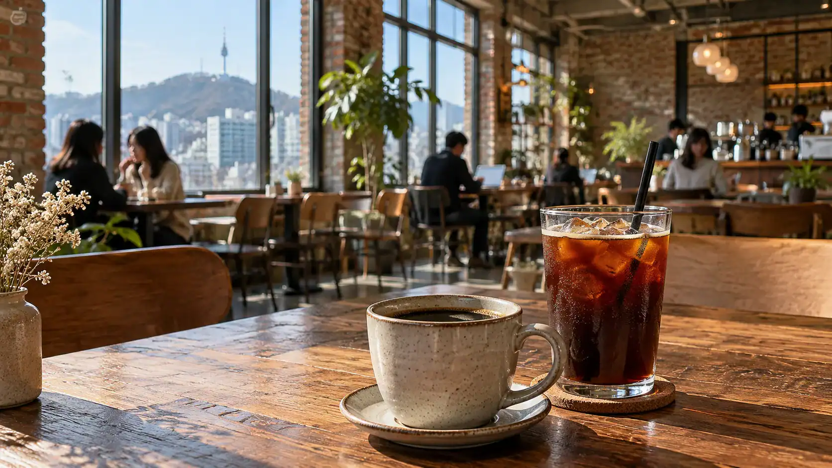 Café de filtro y americano con hielo en una cafetería de estilo industrial en Corea