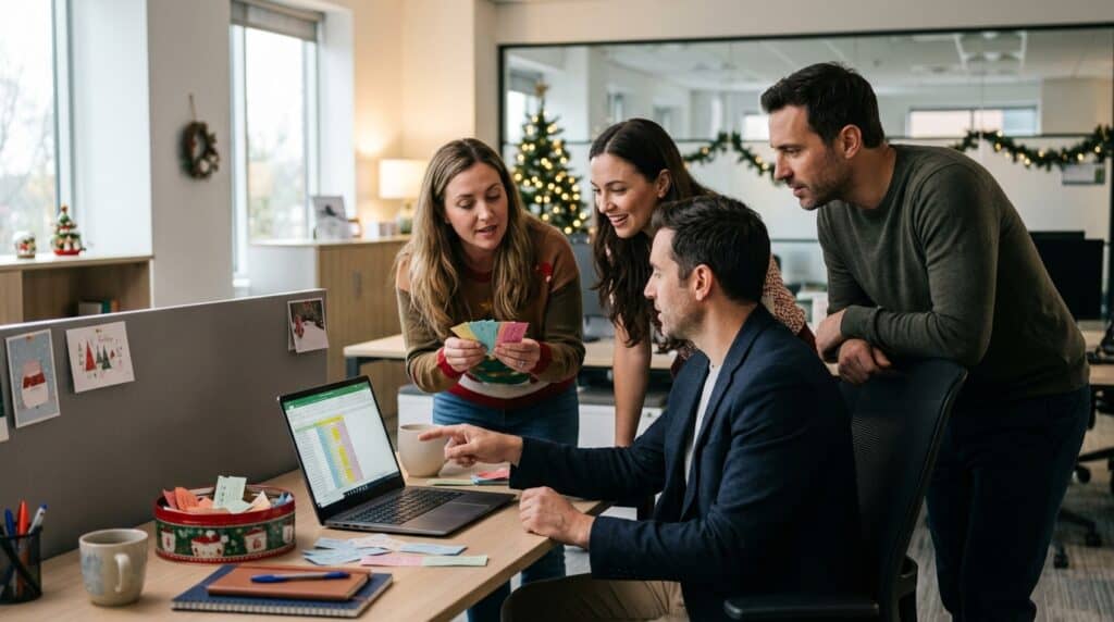 Compañeros organizando participaciones de Lotería de Navidad en una empresa
